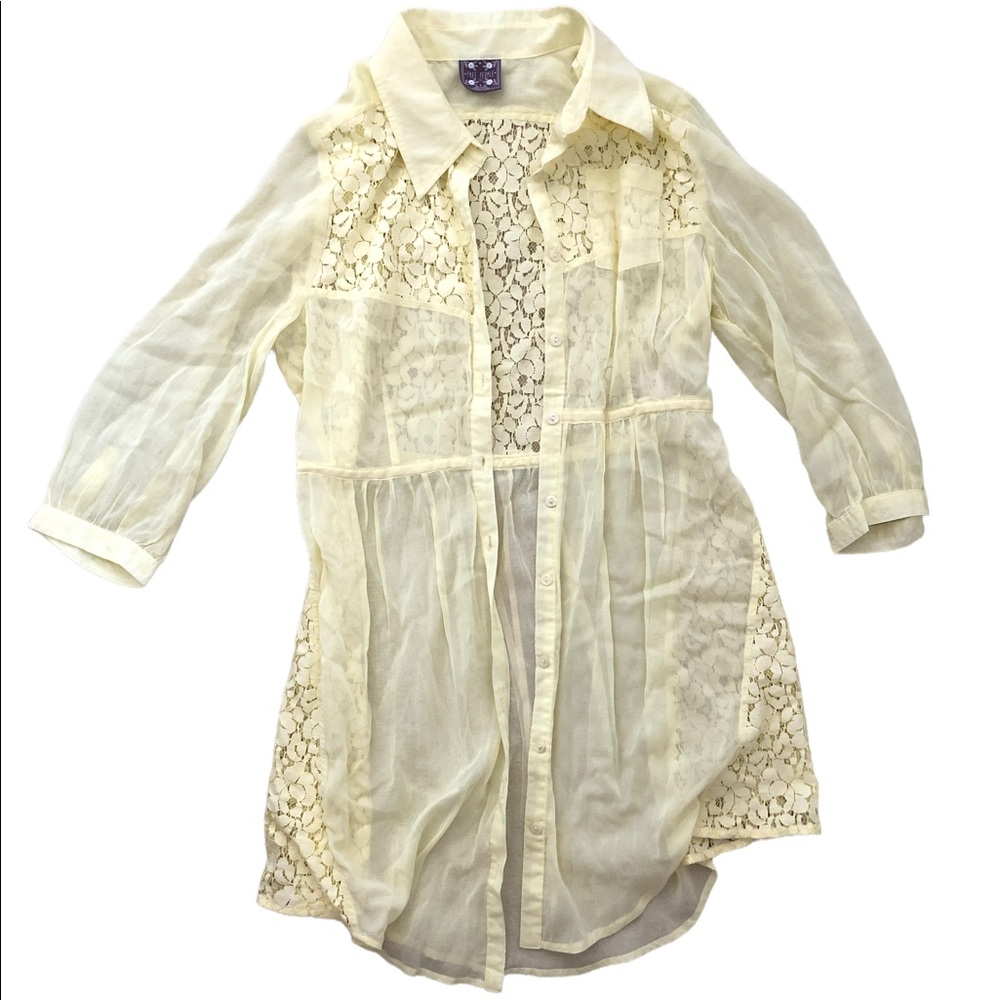Women 10, Free People Yellow Lace Button Tunic Top Blouse Layering Duster.